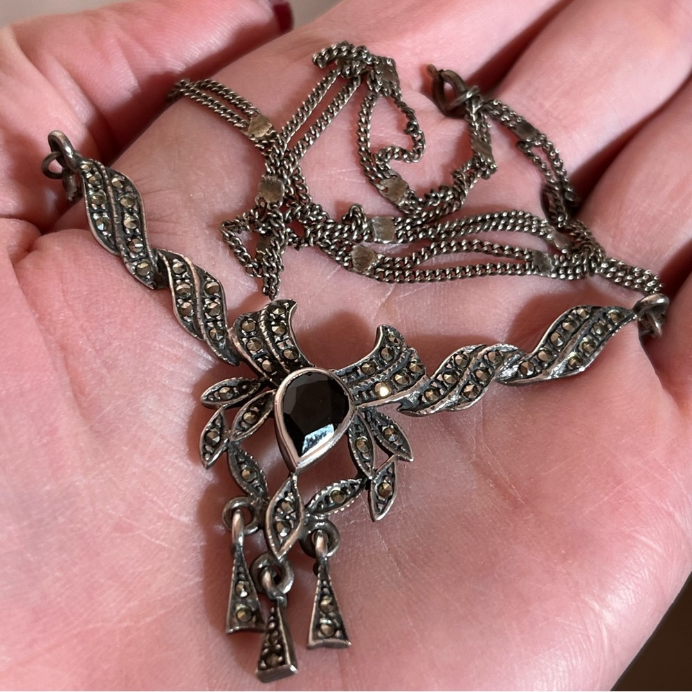Antique Art Deco 1920's Sterling Silver Marcasite black Onyx Choker necklace